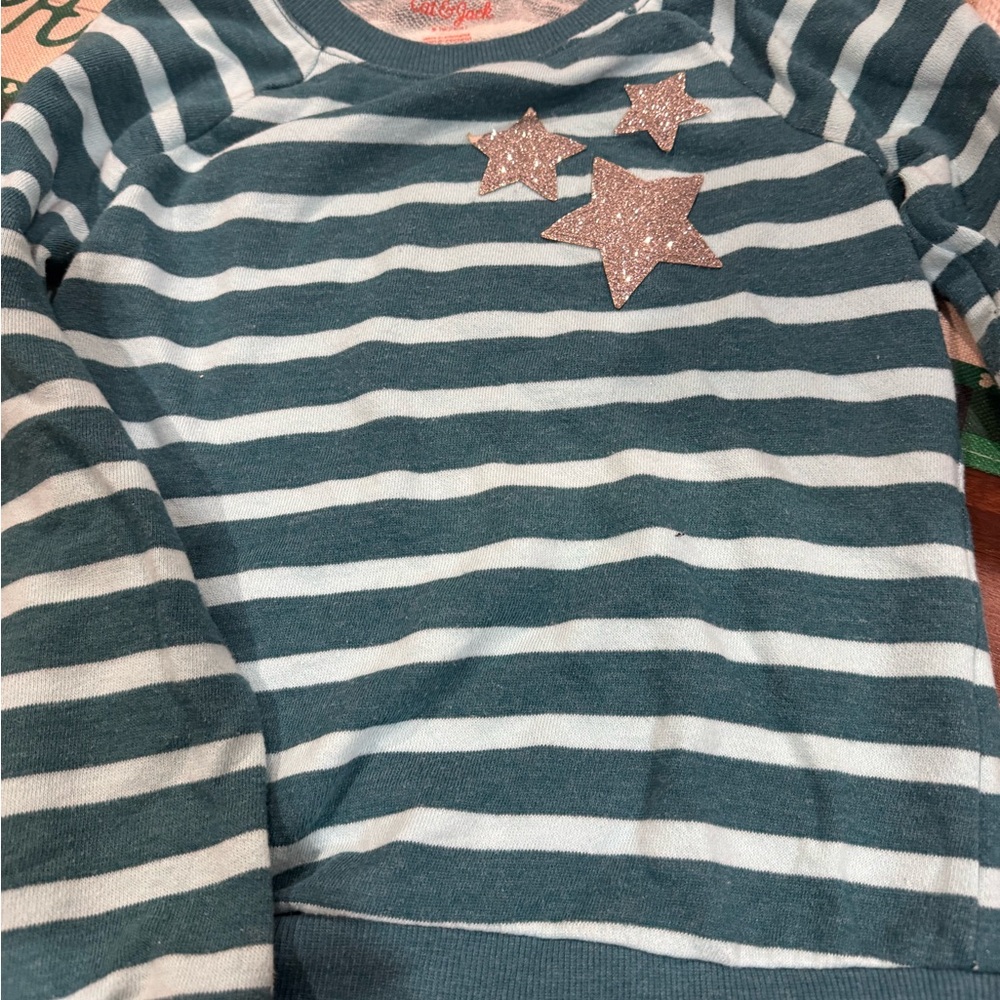 Cat & Jack Teal and White Striped Long Sleeve Tee with Glitter Stars